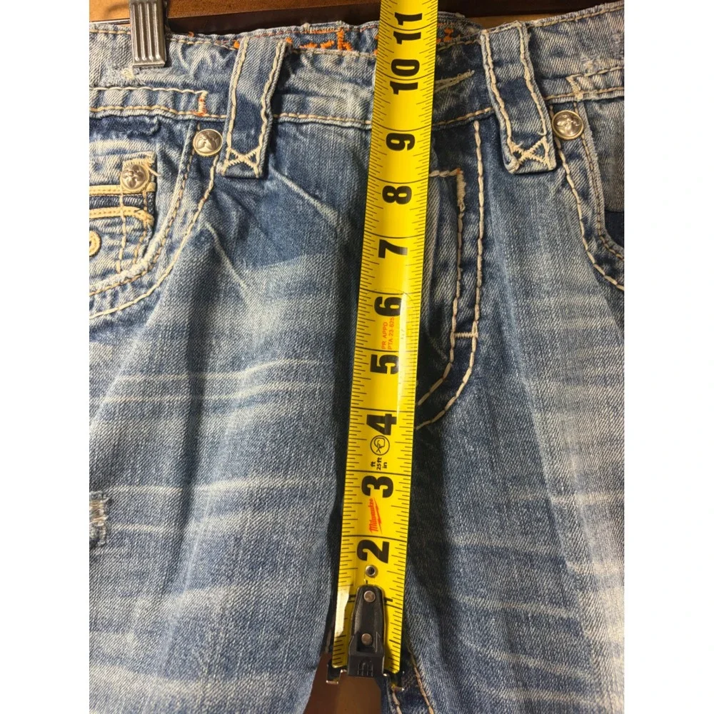 Rock Revival Richie Slim Straight Jeans Mens 34 Blue Distressed‎ Thick Stitch